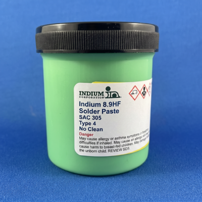 Indium Corporation Indium 8.9HF SAC305 Type 4 No-Clean solder paste jar.