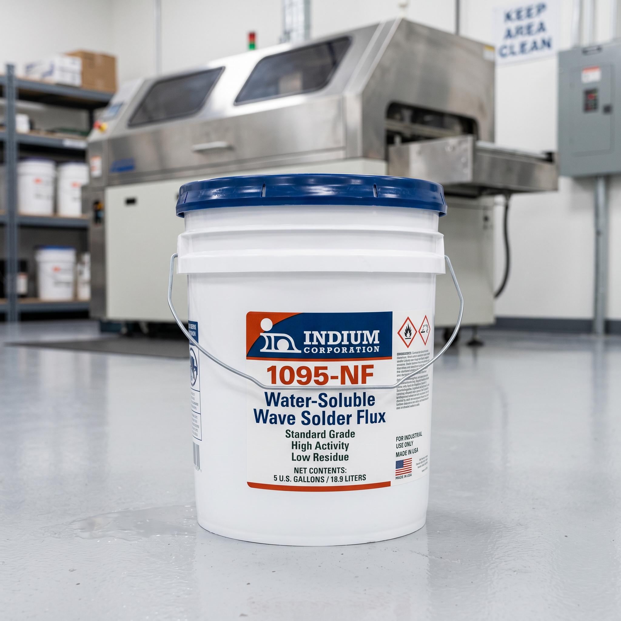 Indium Corporation 1095-NF water-soluble wave solder flux in a 5-gallon pail.